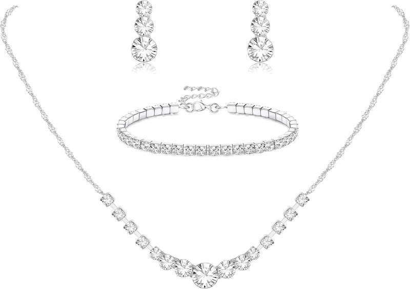 Jstyle Silver Plated Jewelry Set for Women Rhinestone Crystal Necklace Drop Earrings Link Bangle Bracelet Bridal Wedding Jewelry Sets for Brides Bridemaid Prom Costume Accessories - Image 1